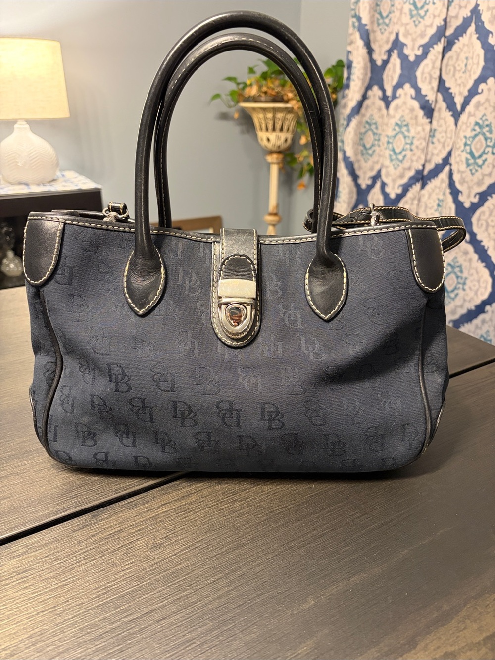 Dooney & Bourke Signature DB Monogram Canvas Satchel Bag Black Leather Trim